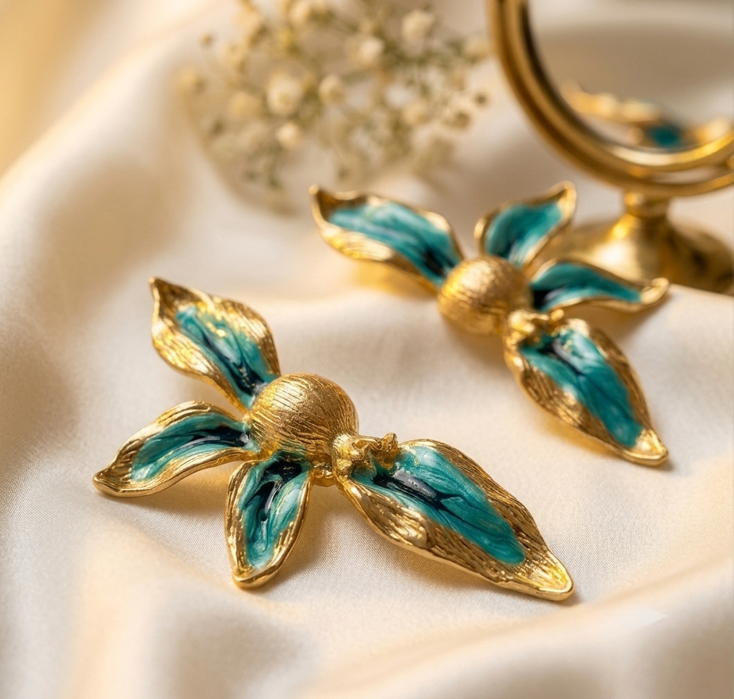 Teal Enamel Floral Statement Earrings