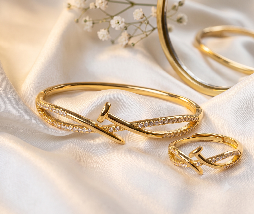 Gold CZ Cuff & Ring Combo Set