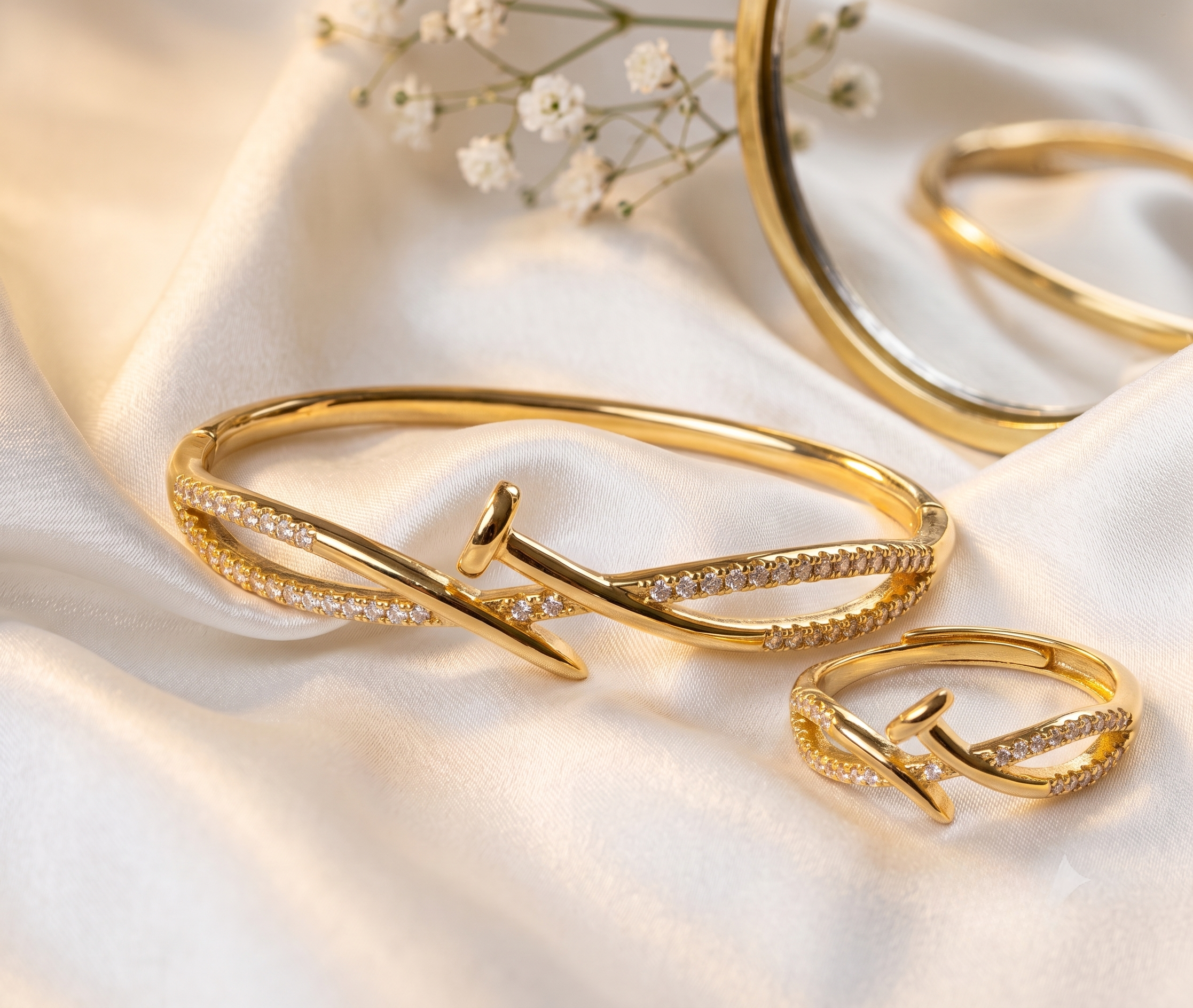 Gold CZ Cuff & Ring Combo Set