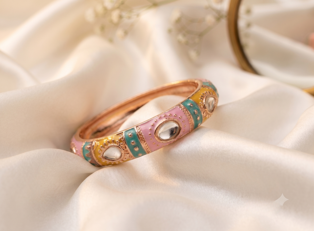 Pink & Teal Thick Meenakari Kada