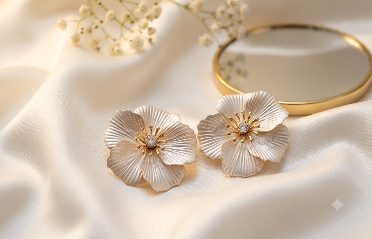 White Pearl Enamel Floral Statement Earrings