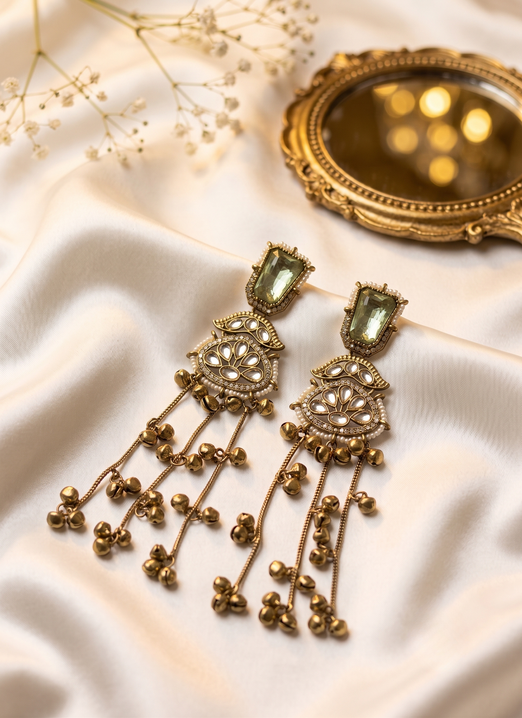 Mint Green Kundan Long Kashmiri Jhumki