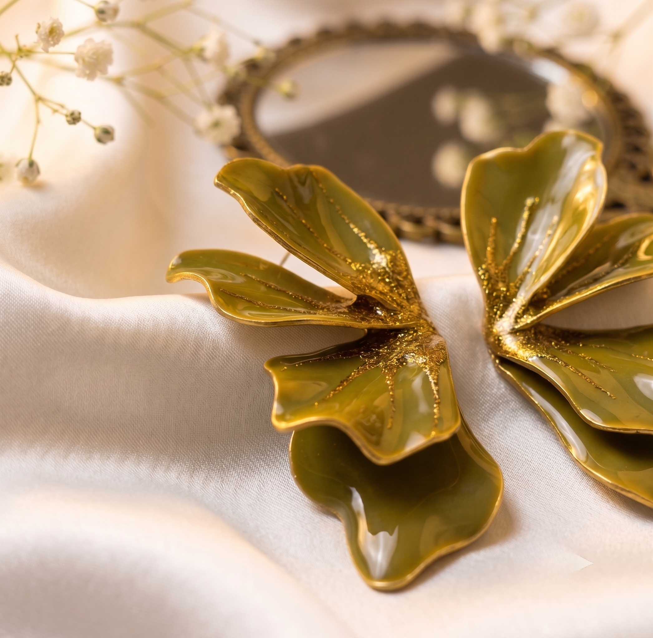 Olive Green Glitter Petal Statement Earrings