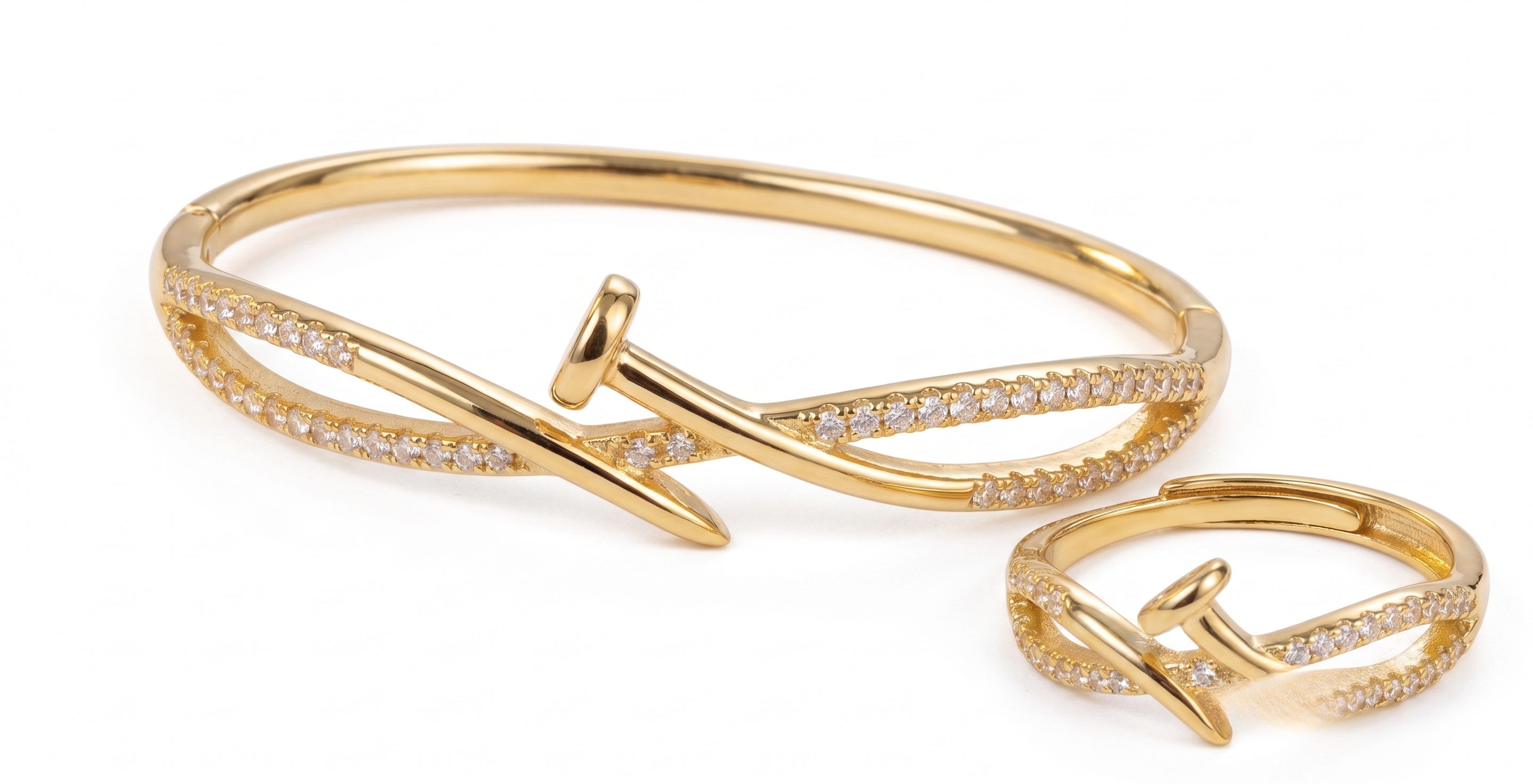 Gold CZ Cuff & Ring Combo Set