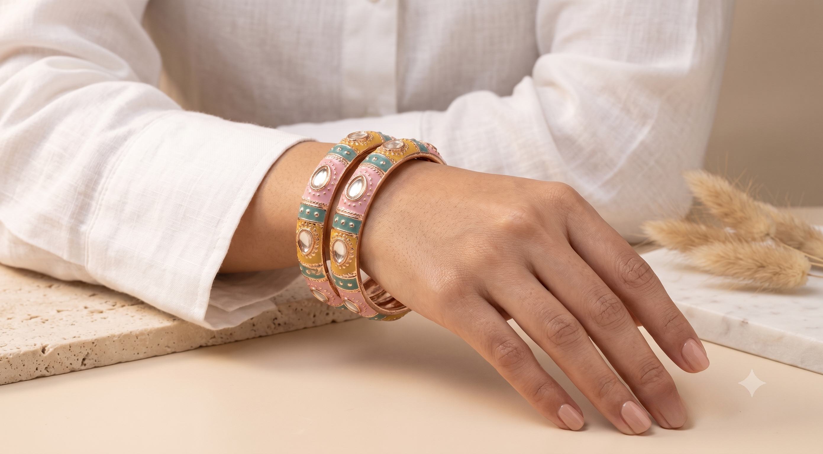 Pink & Teal Thick Meenakari Kada