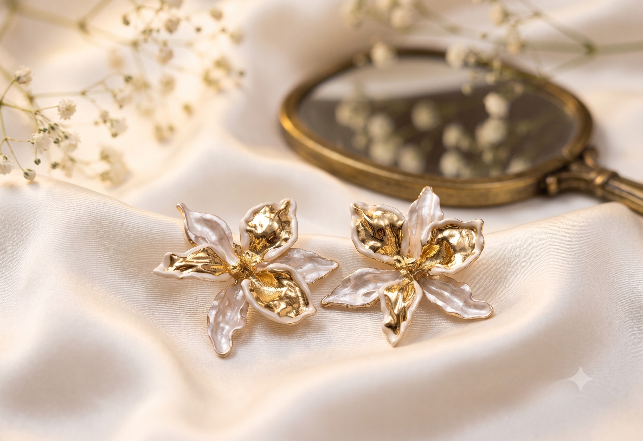 Ivory Dual-Tone Gold Enamel Floral Earrings