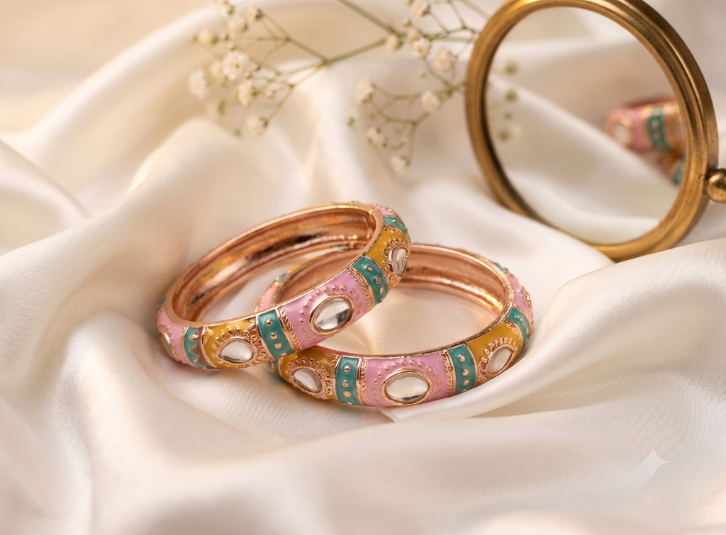 Pink & Teal Thick Meenakari Kada