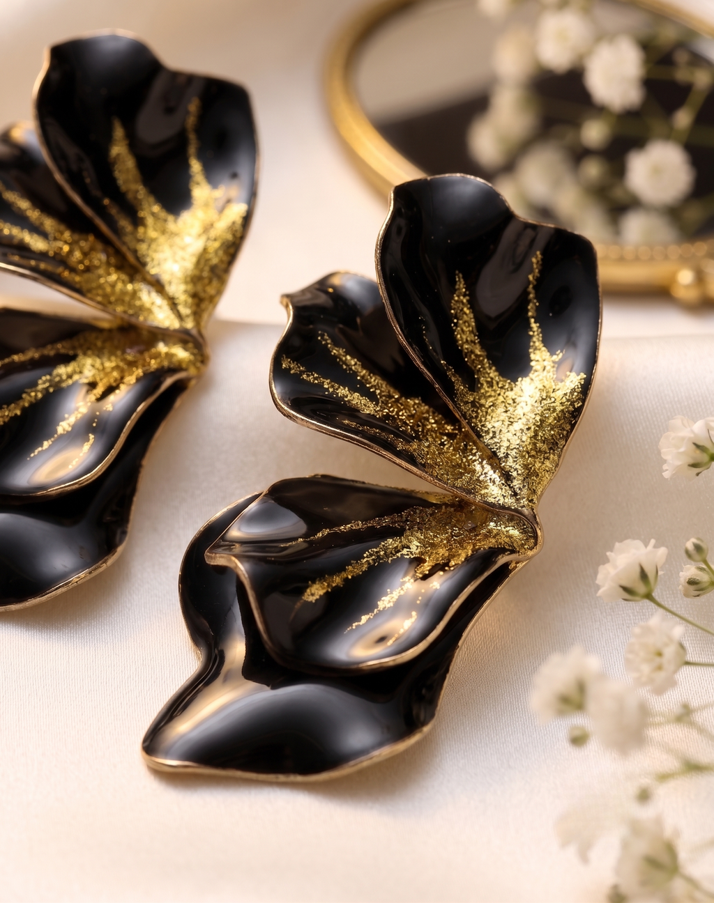 Black Glitter Petal Statement Earrings