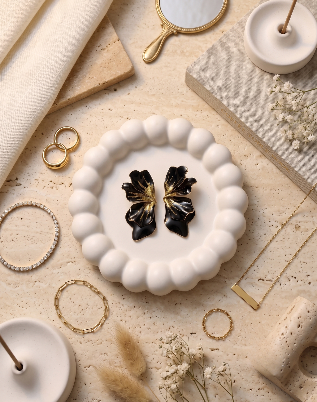 Black Glitter Petal Statement Earrings