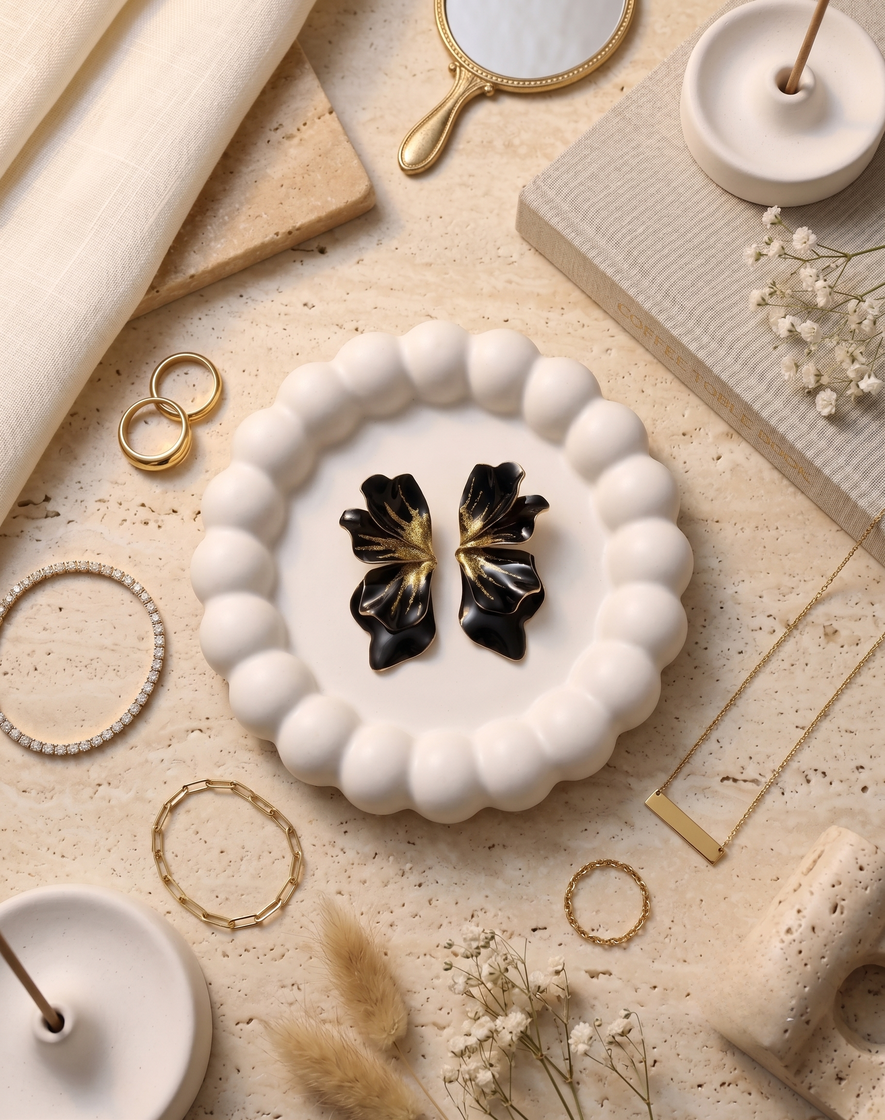 Black Glitter Petal Statement Earrings