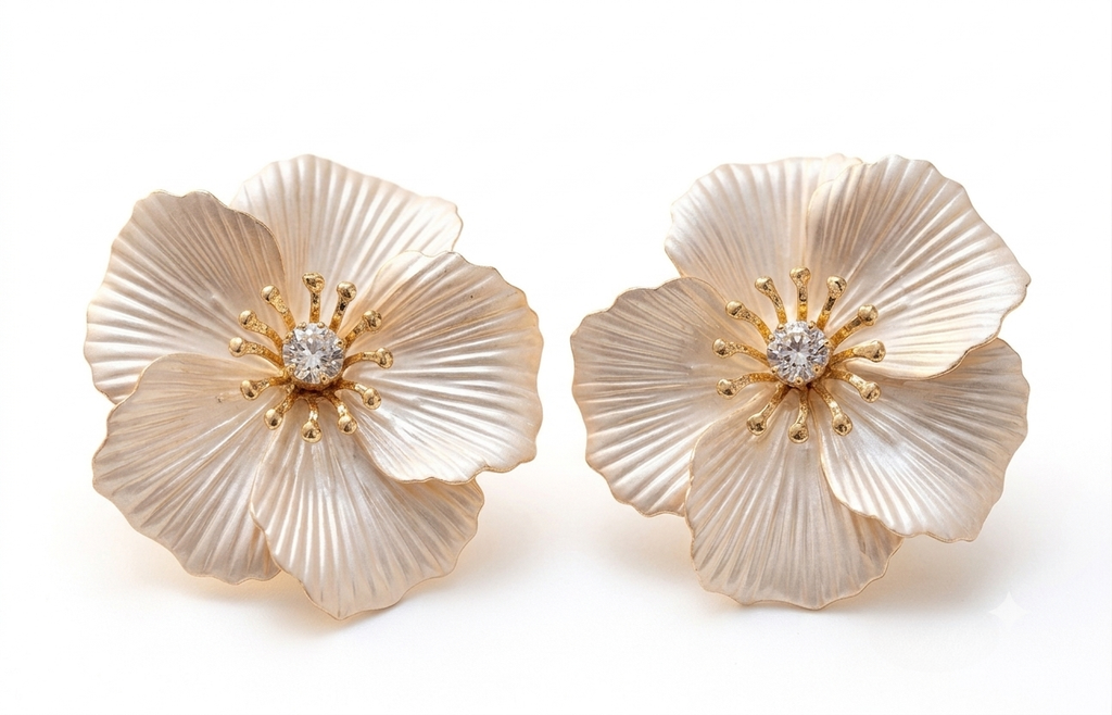 White Pearl Enamel Floral Statement Earrings