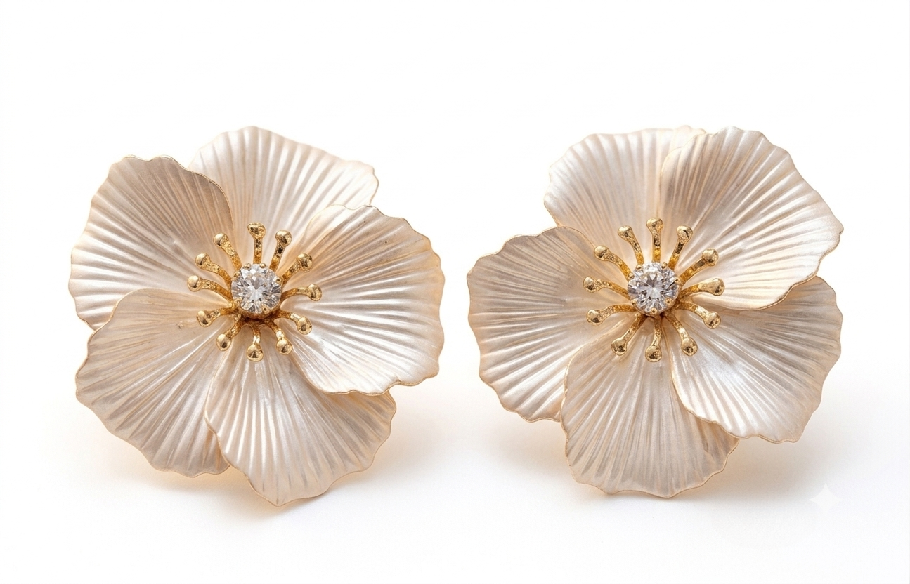 White Pearl Enamel Floral Statement Earrings