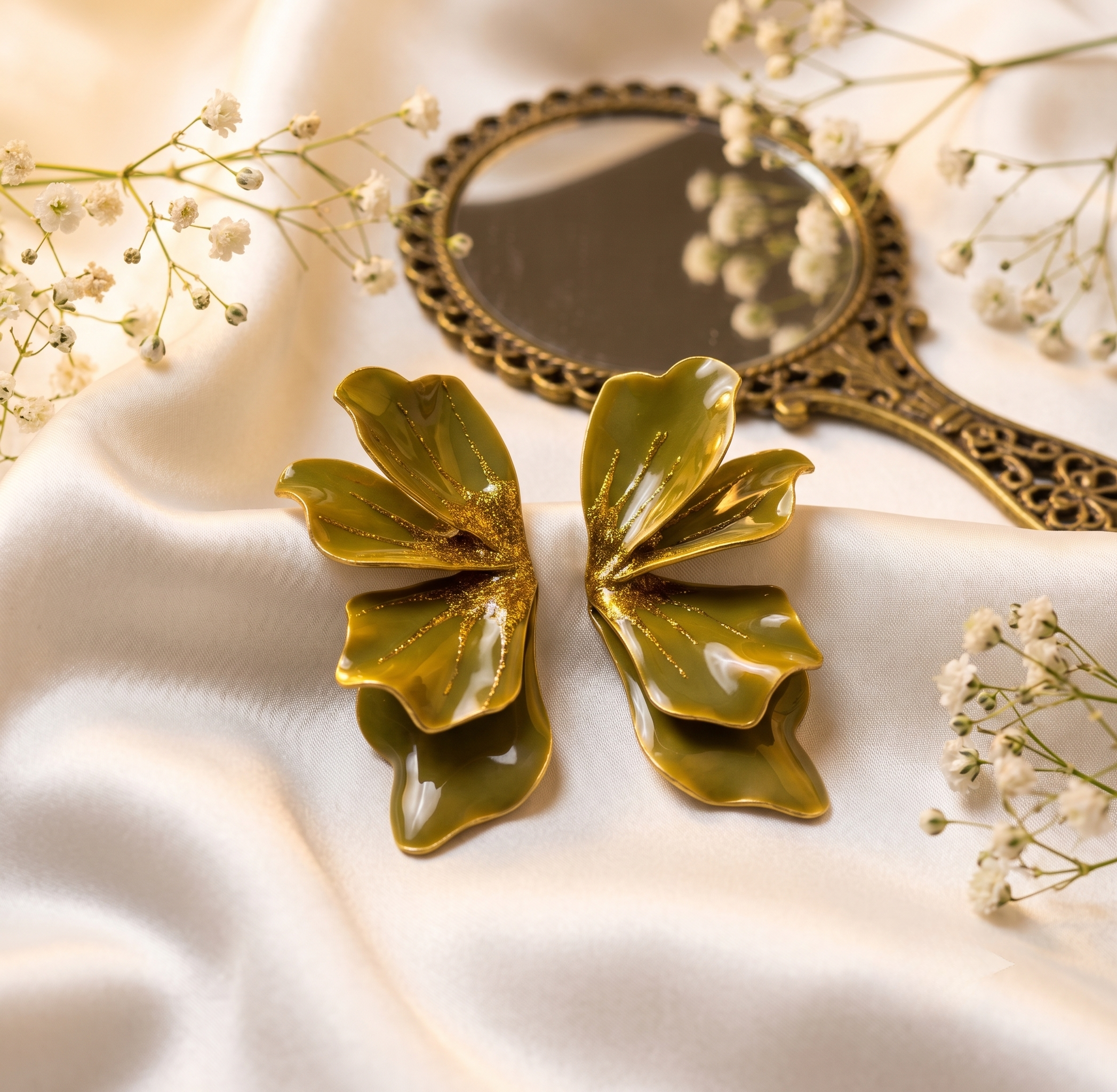 Olive Green Glitter Petal Statement Earrings