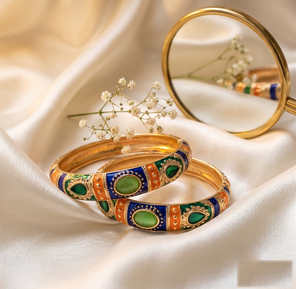 Navy & Orange Stone Meenakari Kada