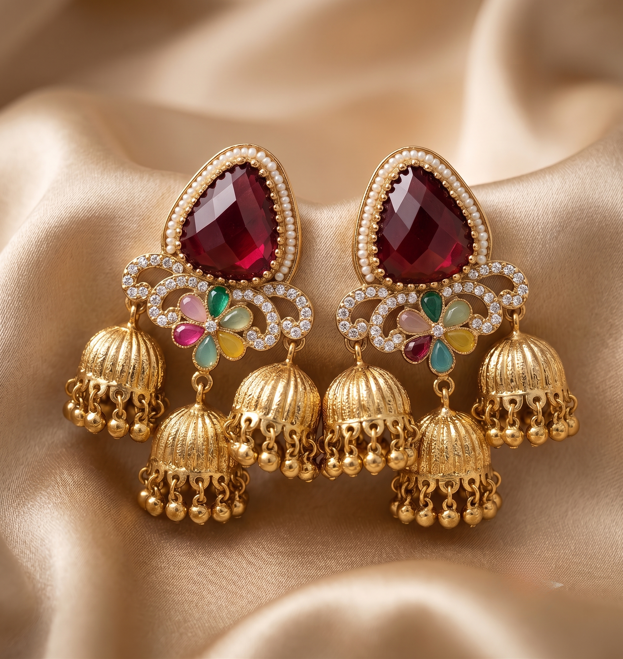 Ruby Red 3-Tier Antique Gold Jhumki