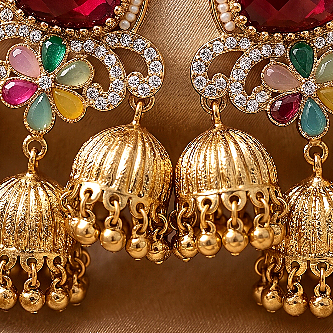 Ruby Red 3-Tier Antique Gold Jhumki