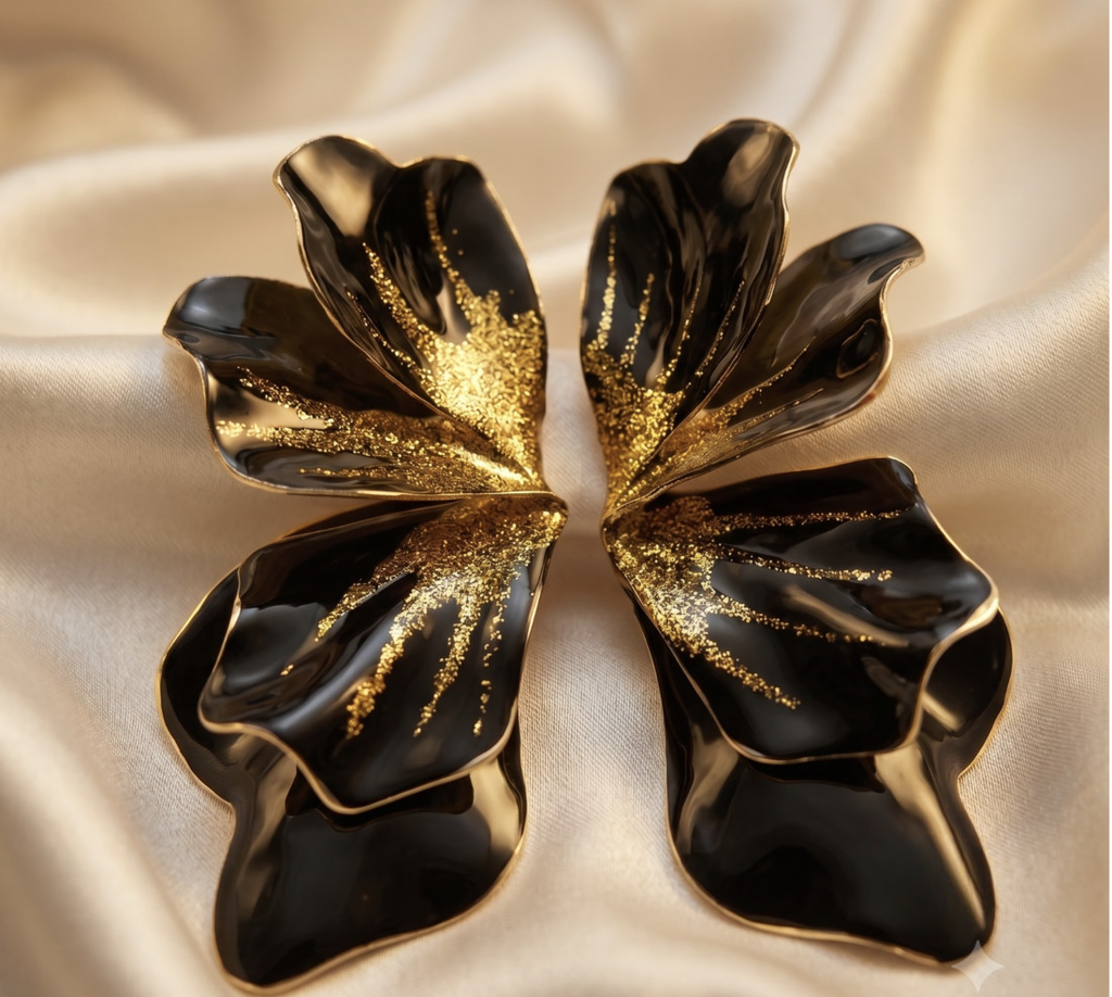 Black Glitter Petal Statement Earrings
