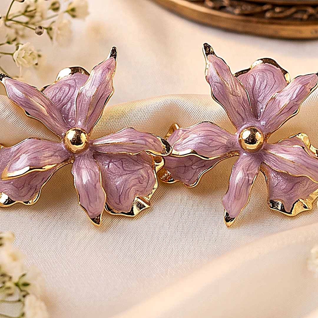 Mauve & Pink Dual Floral Pearl Earrings
