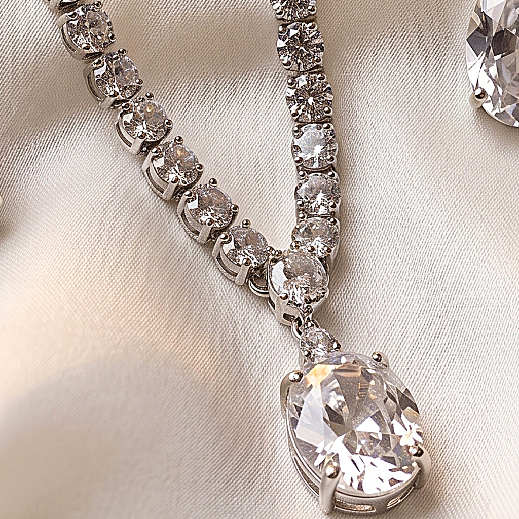 Silver Oval CZ Necklace & Earrings Set