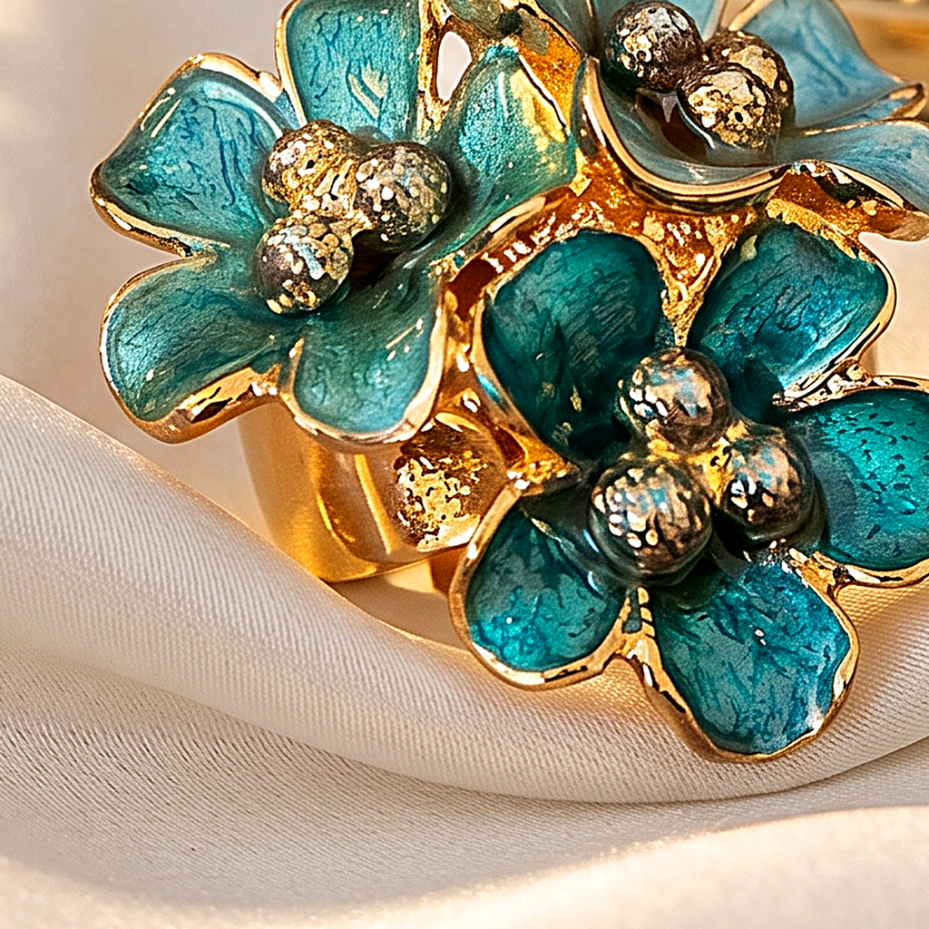 Emerald Bloom Teal Enamel Floral Ring
