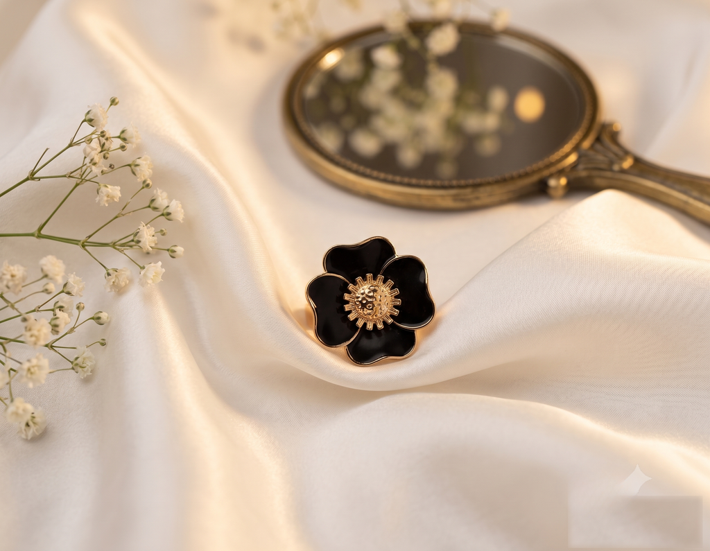 Noir Blossom Black Enamel Floral Ring