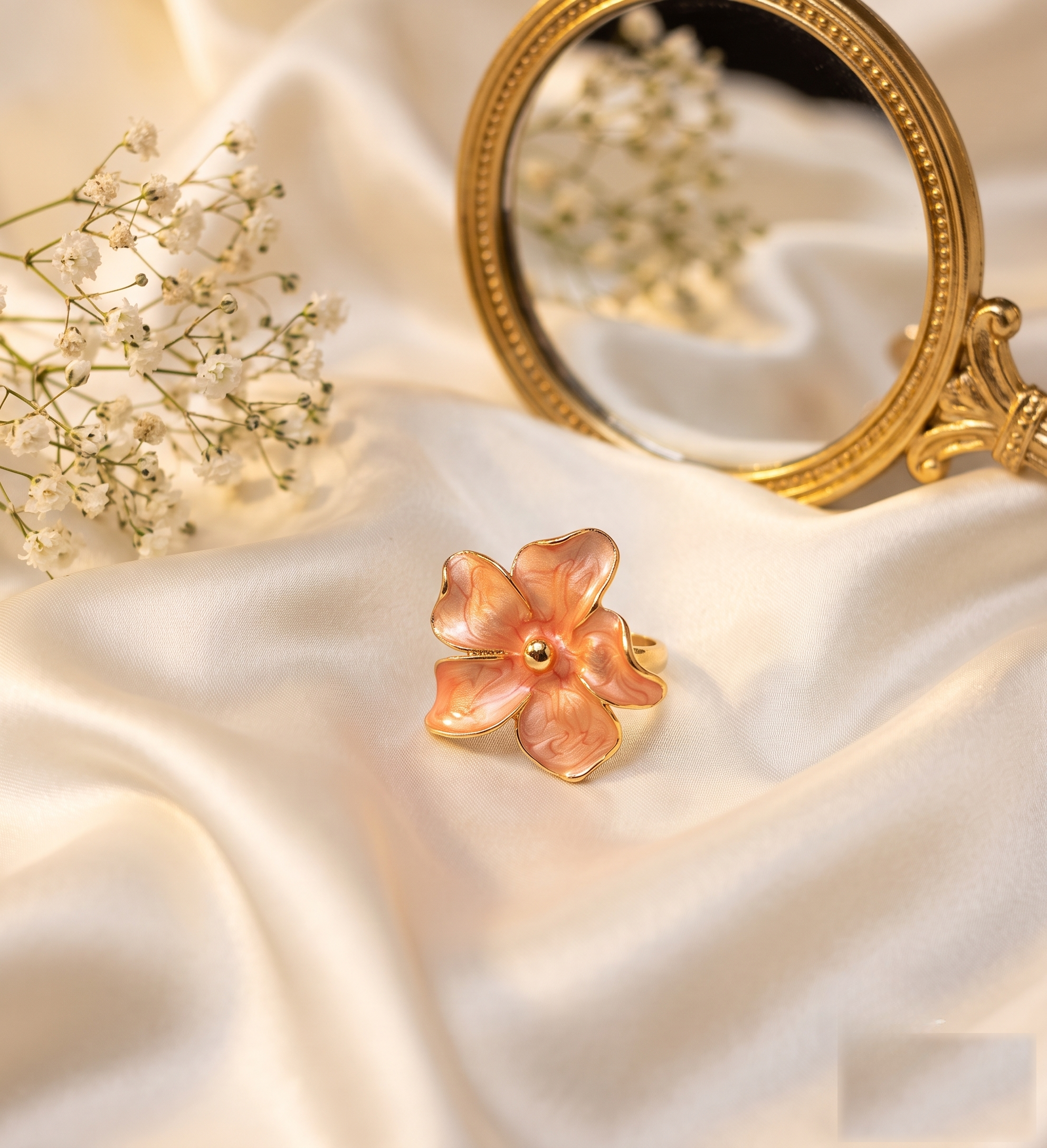 Coral Petal Peach Enamel Floral Ring