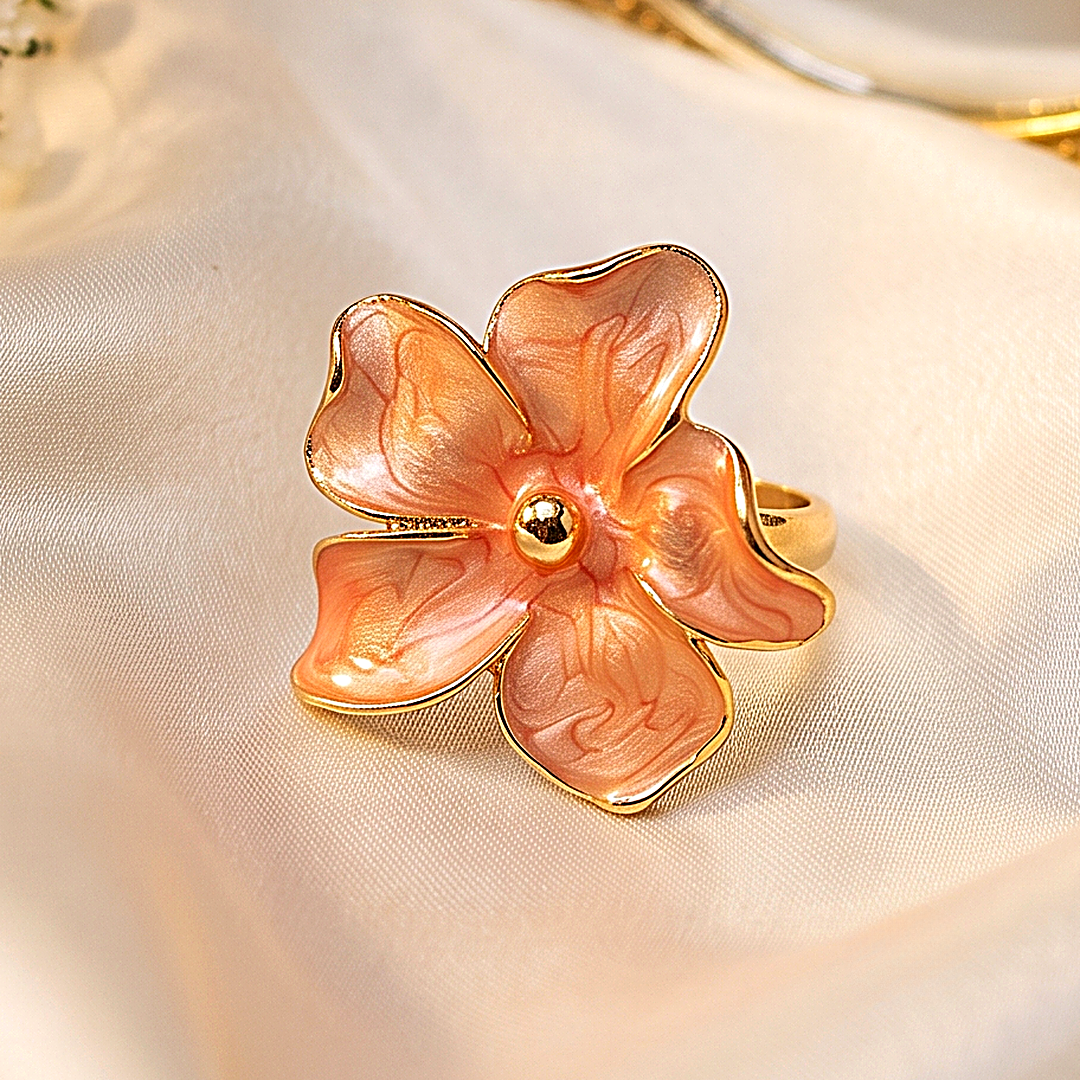 Coral Petal Peach Enamel Floral Ring