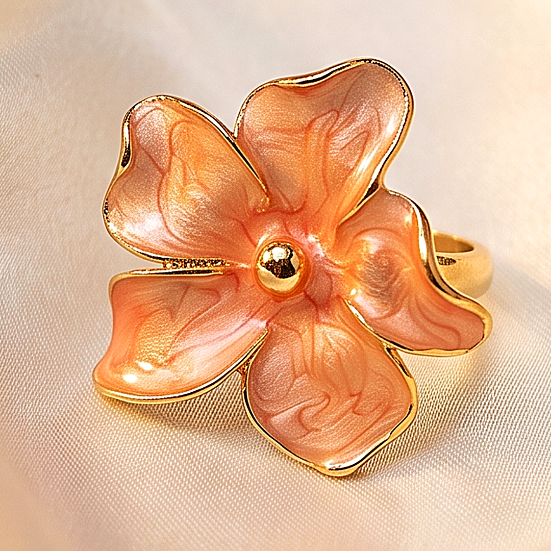 Coral Petal Peach Enamel Floral Ring