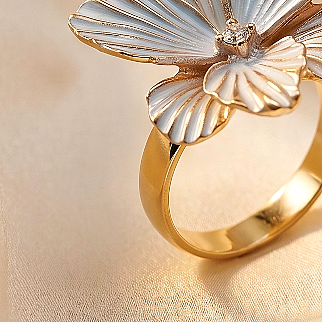 Snow Petal White Enamel Floral Ring