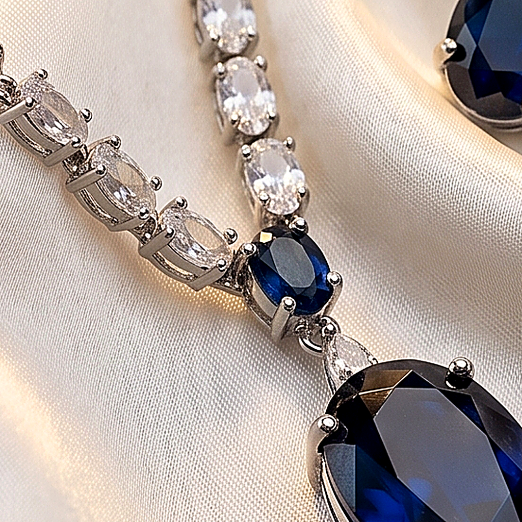 Sapphire Blue Pendant CZ Choker Set
