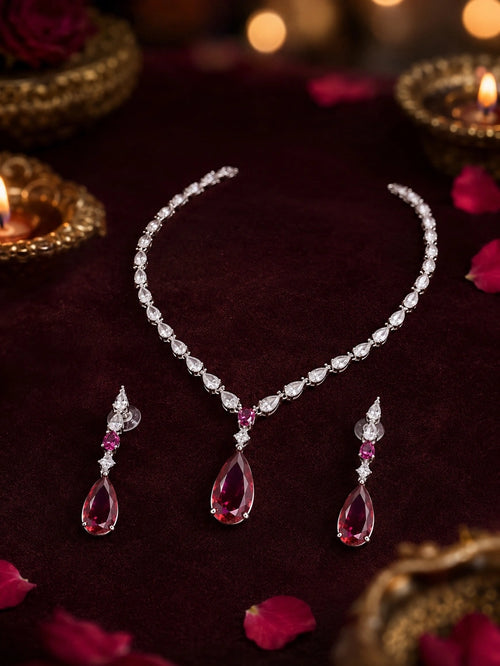 Ruby Red Pendant CZ Silver Choker Set