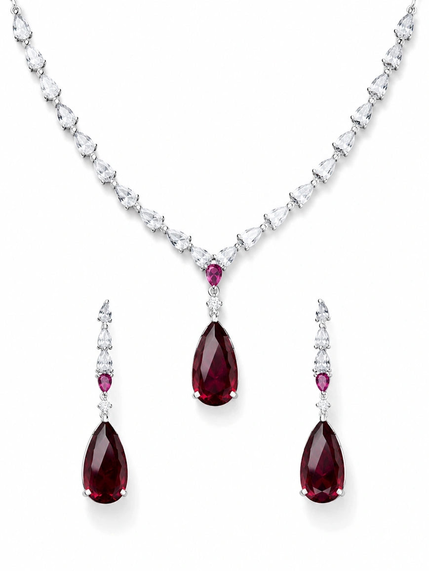 Ruby Red Pendant CZ Silver Choker Set