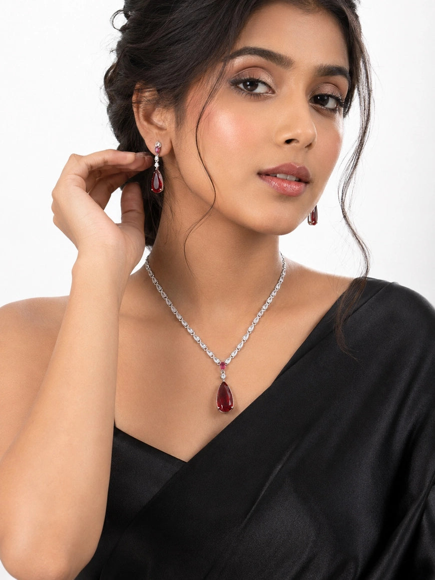 Ruby Red Pendant CZ Silver Choker Set