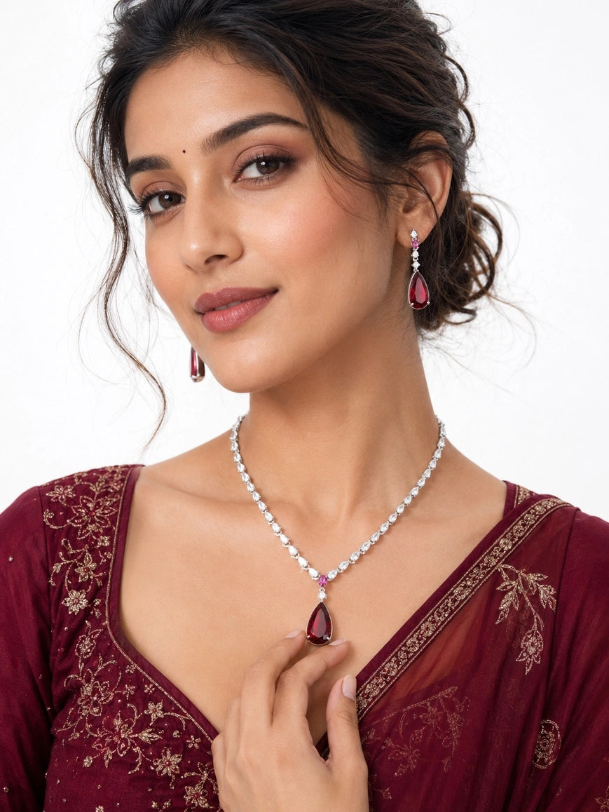 Ruby Red Pendant CZ Silver Choker Set