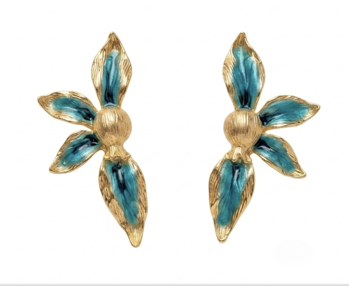 Teal Enamel Floral Statement Earrings
