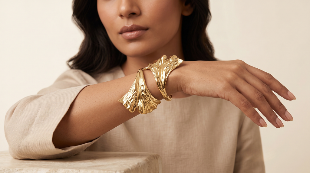 Gold Leaf Statement Metal Cuff Bracelet